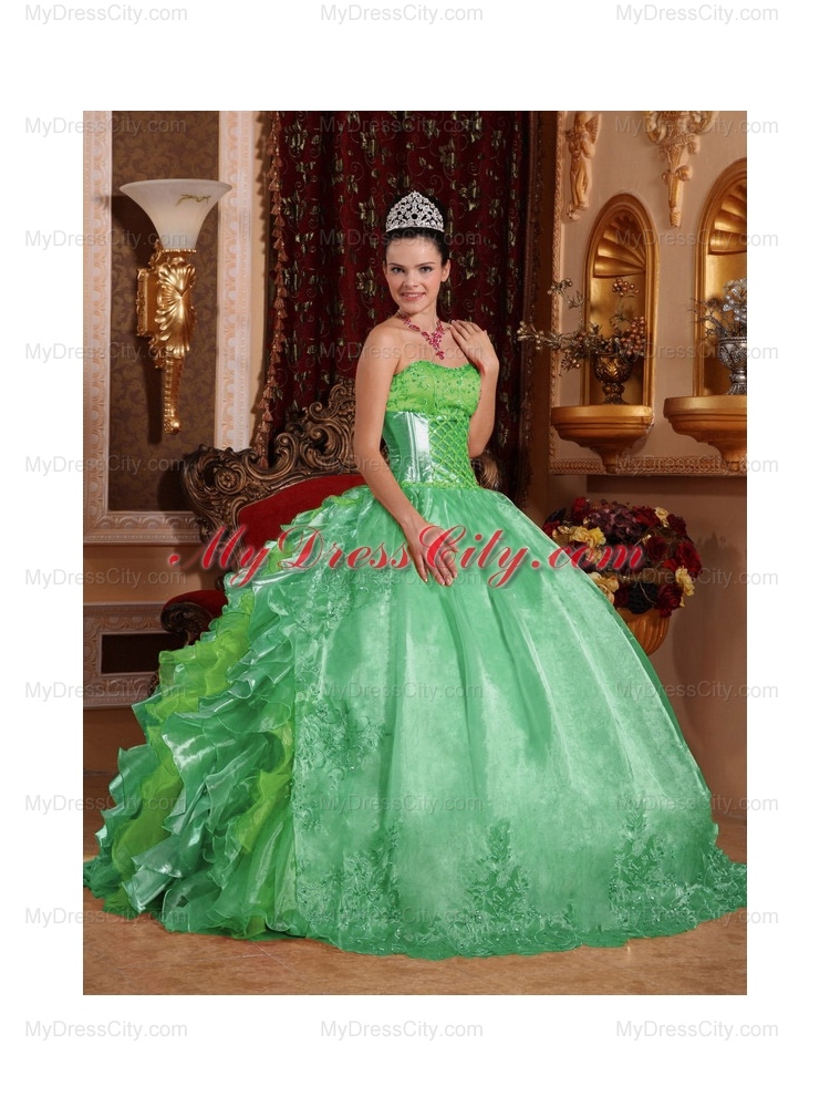 Ball Gown Strapless Green Ruffles Embroidery Pretty Quinceanera Dresses