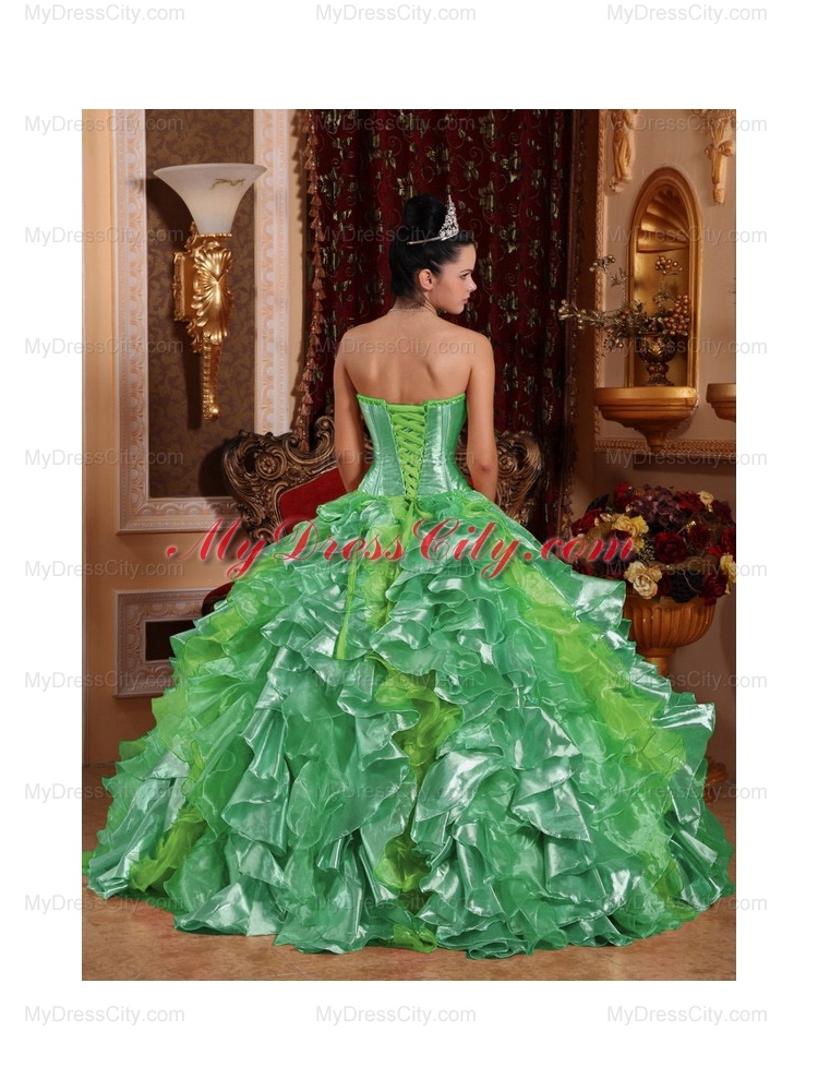 Ball Gown Strapless Green Ruffles Embroidery Pretty Quinceanera Dresses