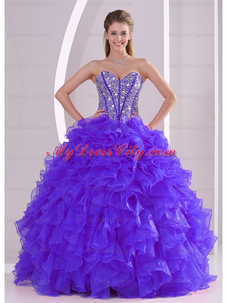 Discount Ball Gown Sweetheart Ruffles and Beaing Floor-length Unique Quinceanera Dresses in Purple