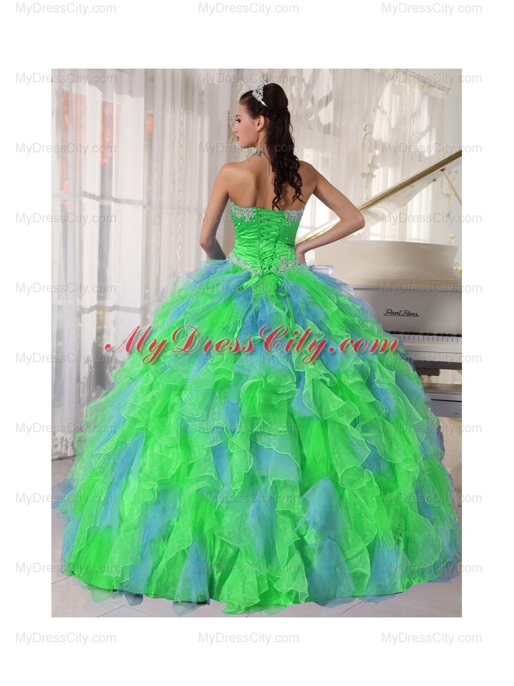 Multi-color Sweetheart Appliques Unique Quinceanera Dresses with Green Flower