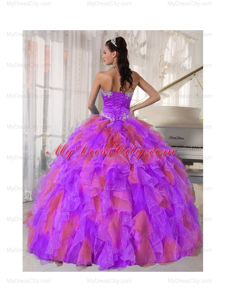 Organza Appliques and Ruffles Sweetheart Rainbow Quinceanera Dresses in Multi-color