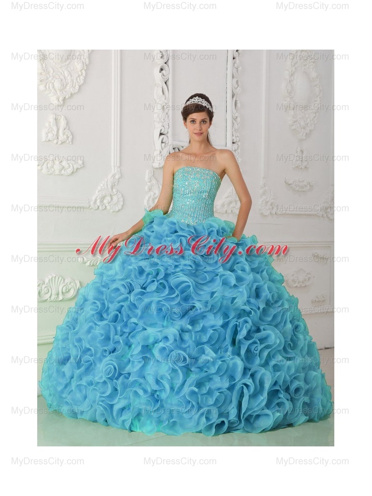 Organza Ball Gown Strapless Beading Blue Pretty Quinceanera Dresses with Ruffles