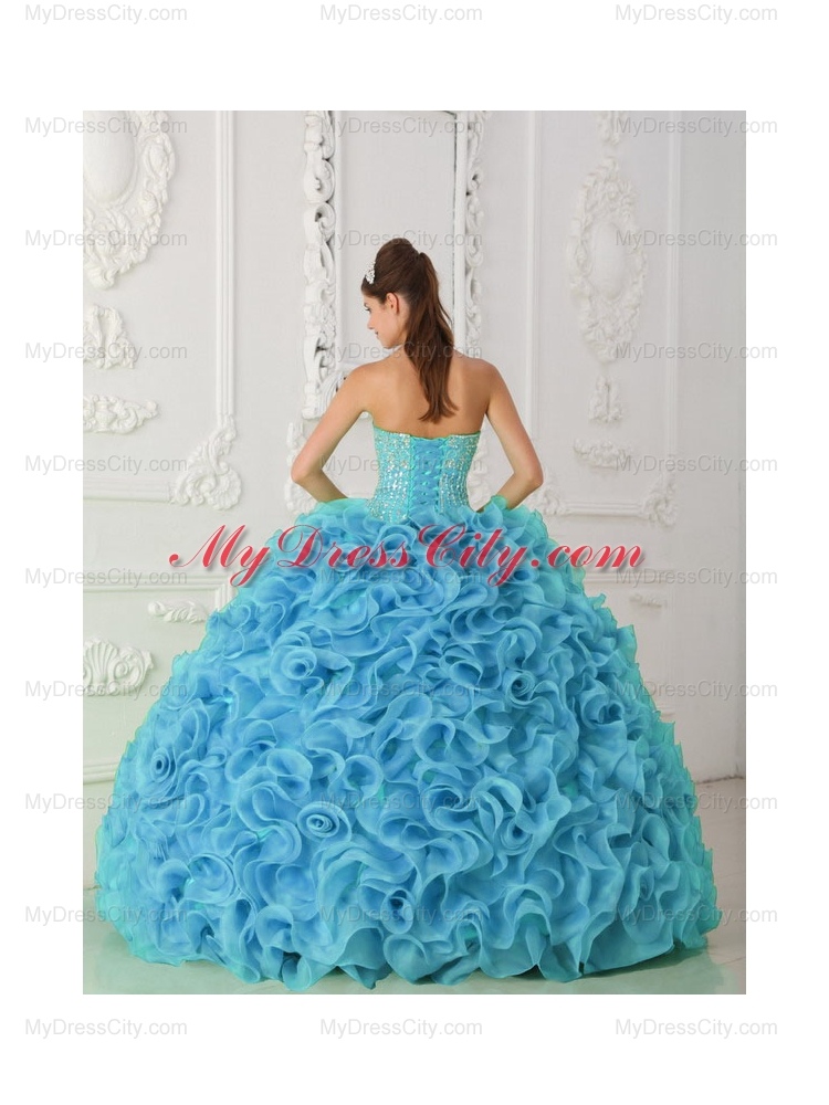 Organza Ball Gown Strapless Beading Blue Pretty Quinceanera Dresses with Ruffles