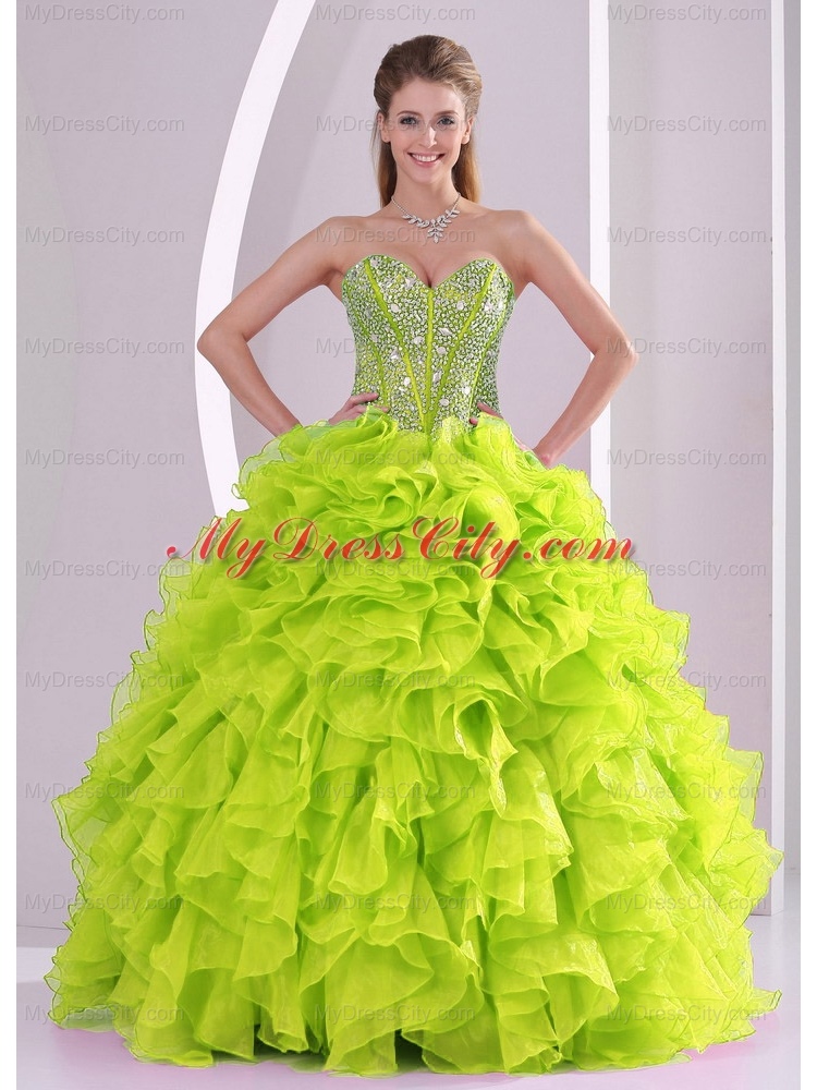 Cute Ball Gown Ruffles and Beading 2013 Fall Designer Quinceanera Dresses in Yellow Green