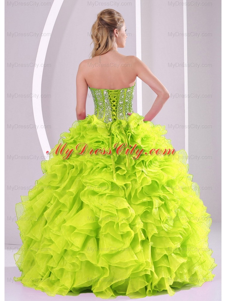 Cute Ball Gown Ruffles and Beading 2013 Fall Designer Quinceanera Dresses in Yellow Green