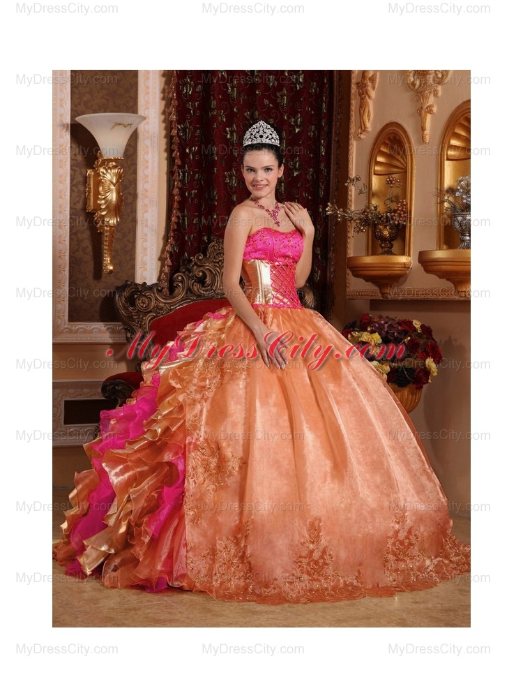 Designer Discount Ball Gown Strapless Ruffles Organza Quinceanera Dress with Embroidery