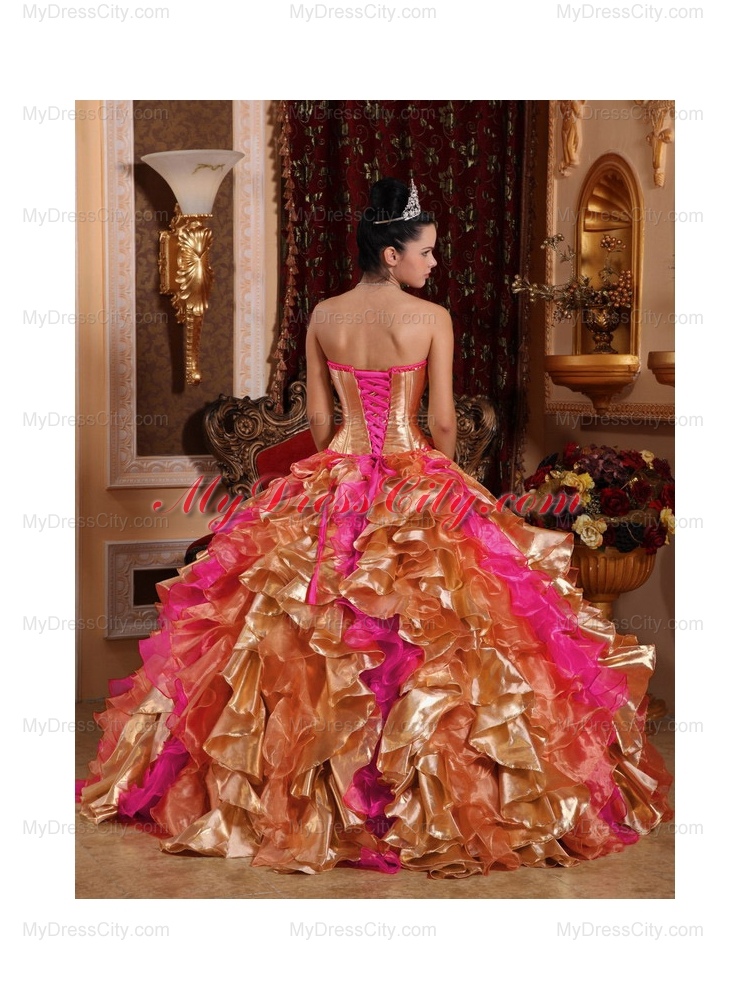 Designer Discount Ball Gown Strapless Ruffles Organza Quinceanera Dress with Embroidery