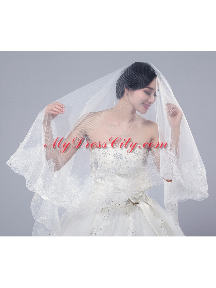 2014 One-Tier Tulle Lace Drop Veil Edge Bridal Veils