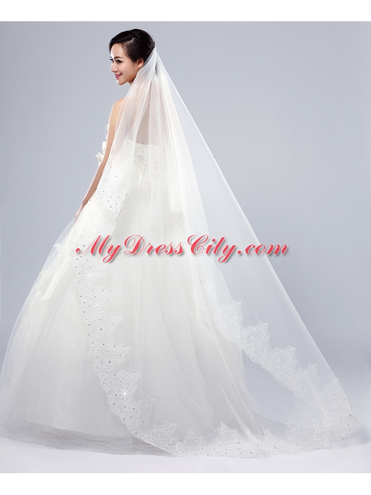 2014 One-Tier Tulle Lace Drop Veil Edge Bridal Veils