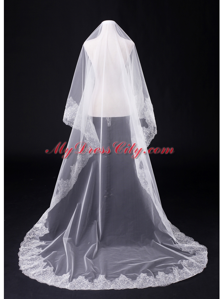 2014 One-Tier Tulle Lace Drop Veil Edge Bridal Veils