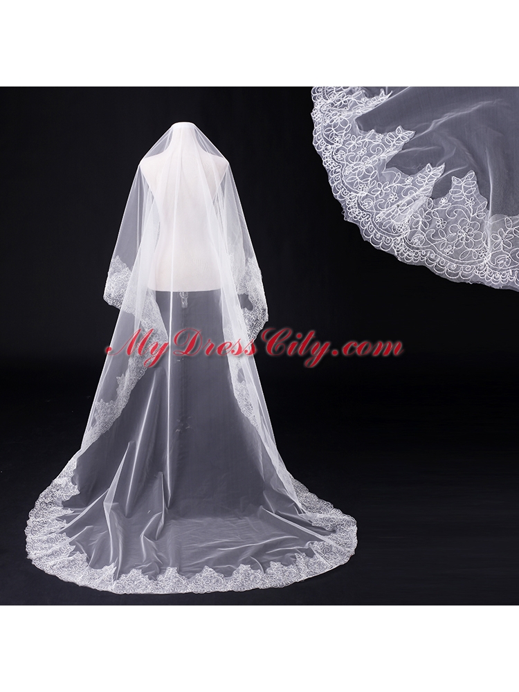 2014 One-Tier Tulle Lace Drop Veil Edge Bridal Veils