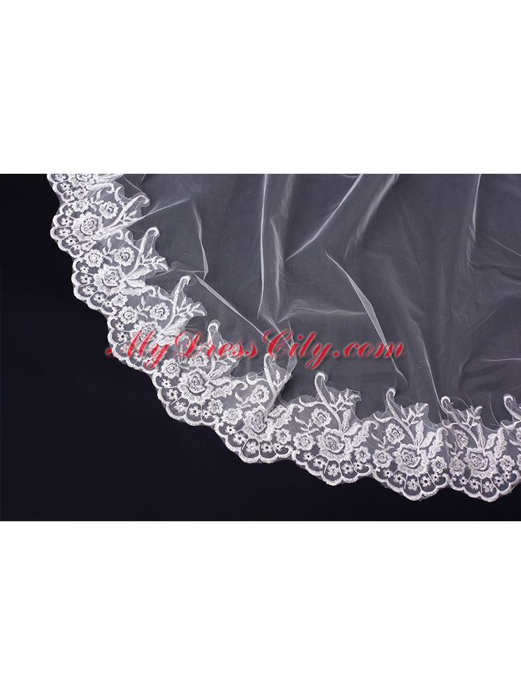 2014 Simple One-Tier Bridal Veils with Lace Appliques Edge