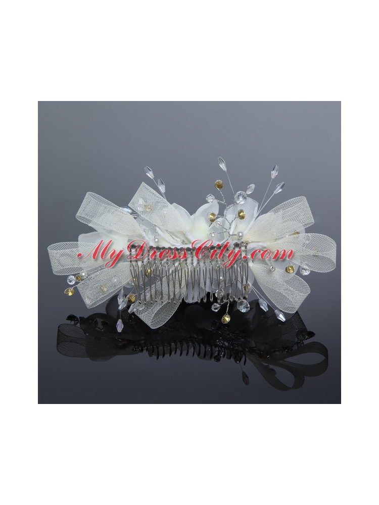 2014 Simple White Tulle Imitation Pearls Hair Combs