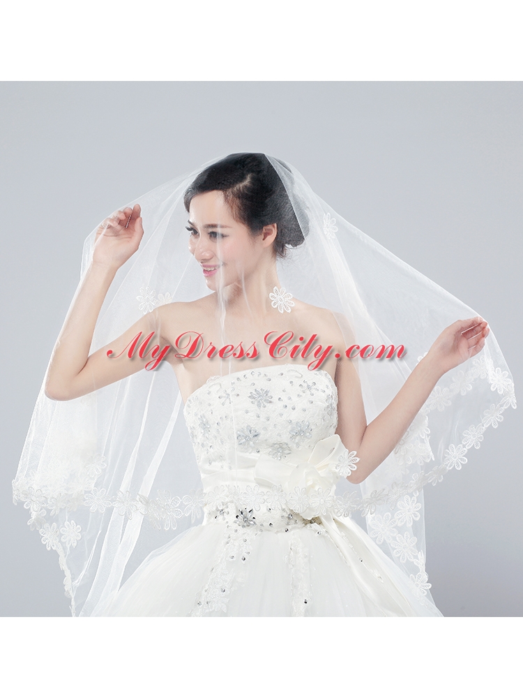 2014 Two-Tier Tulle  Elbow Veils with Lace Edge