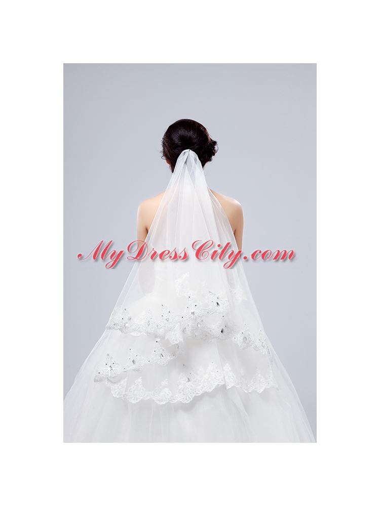 2014 Two-Tier Tulle Lace Appliques Edge Bridal Veils