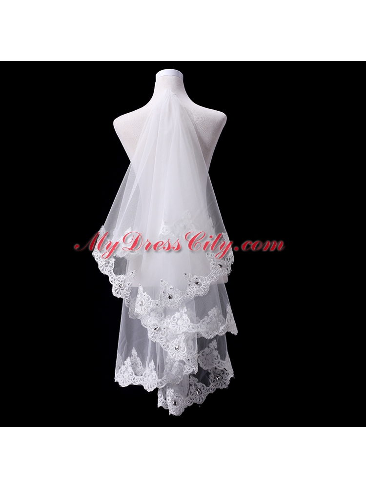 2014 Two-Tier Tulle Lace Appliques Edge Bridal Veils