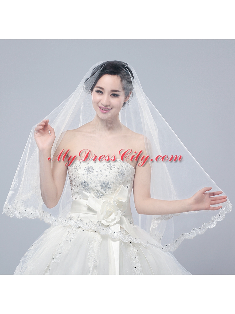 Angle Cut Two-Tier Lace Appliques Edge Chapel Bridal Veils