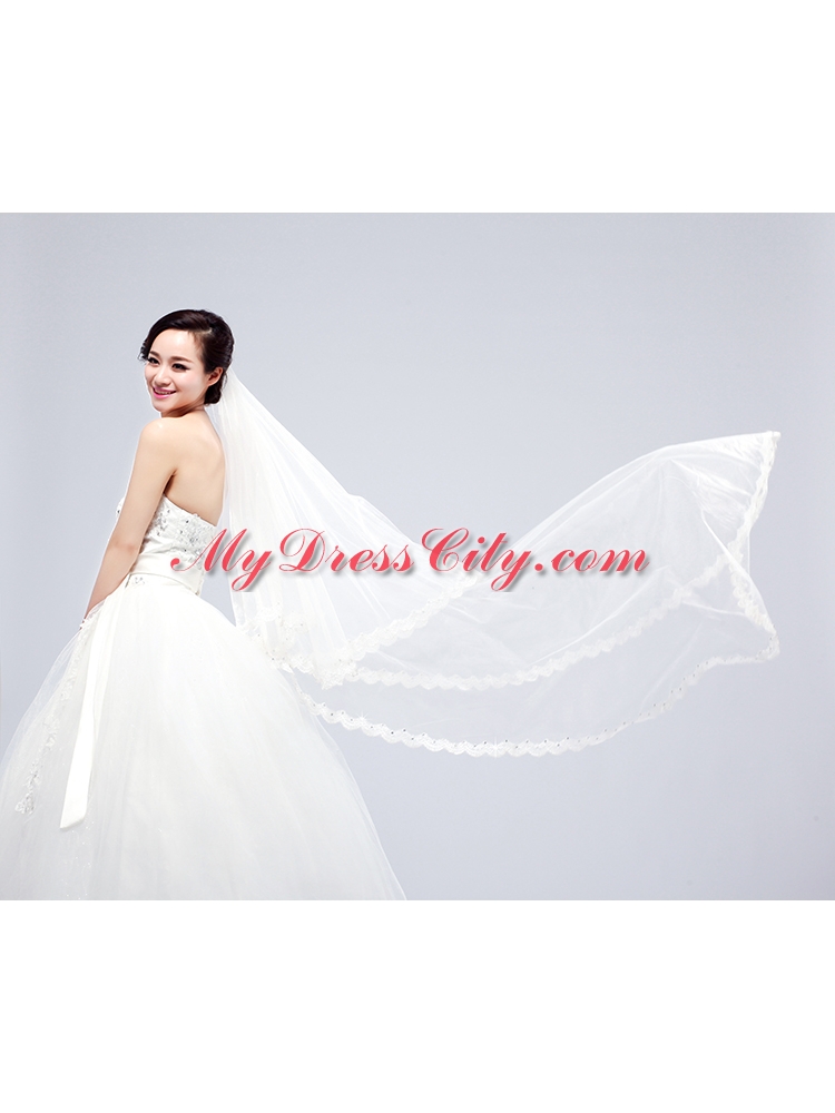 Angle Cut Two-Tier Lace Appliques Edge Chapel Bridal Veils