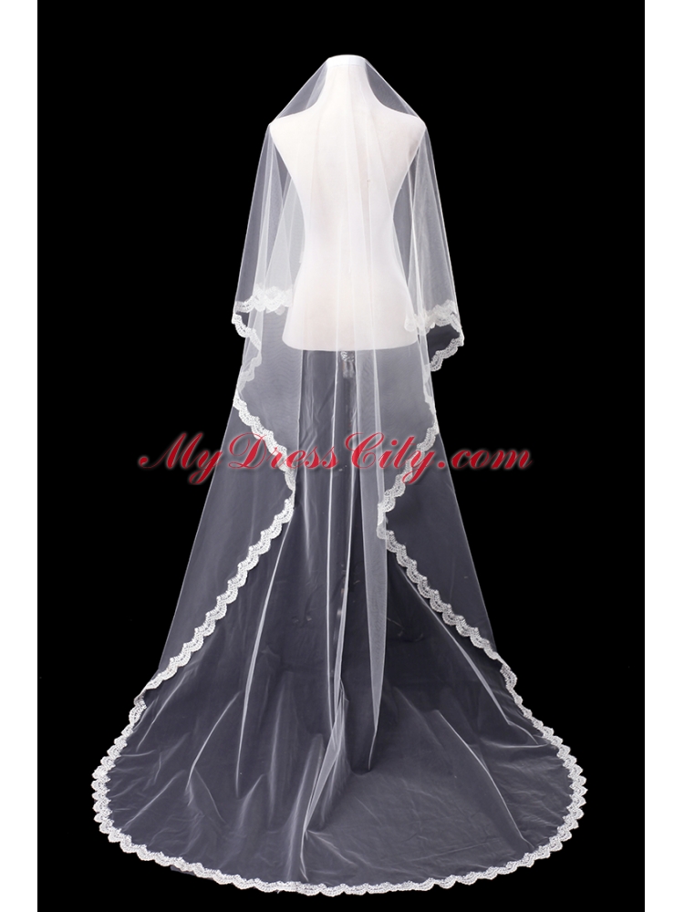 Angle Cut Two-Tier Lace Appliques Edge Chapel Bridal Veils