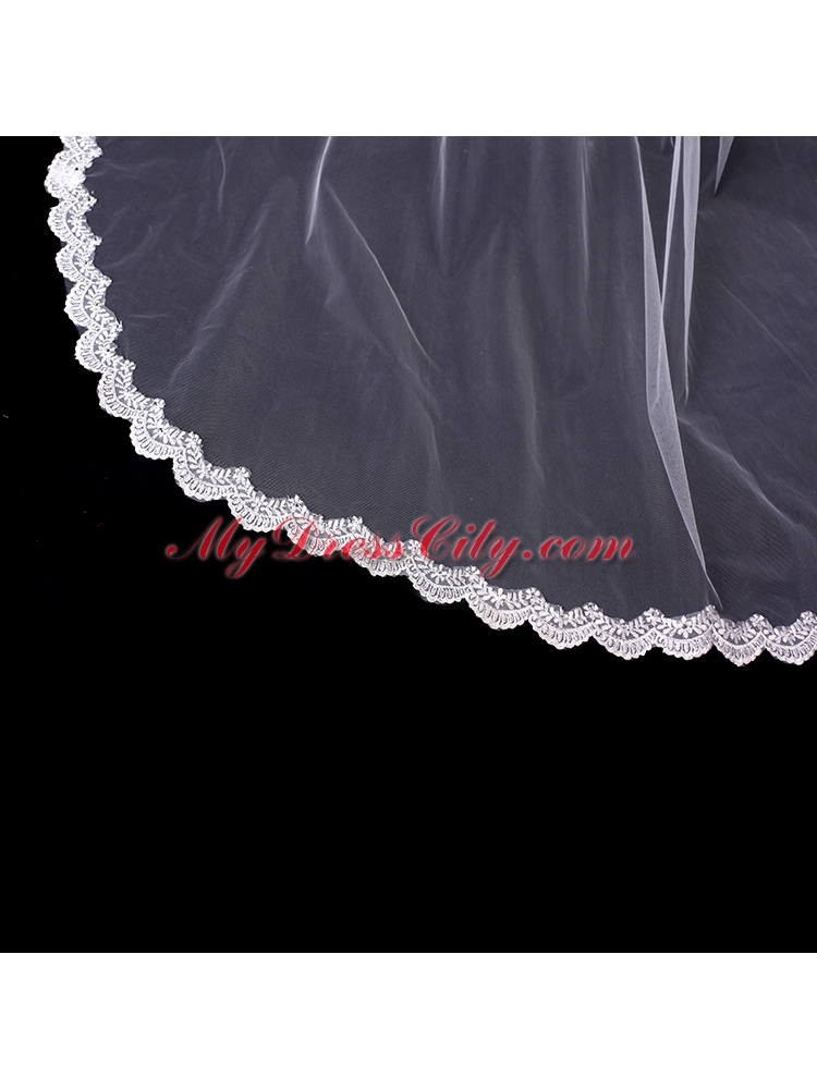 Angle Cut Two-Tier Lace Appliques Edge Chapel Bridal Veils