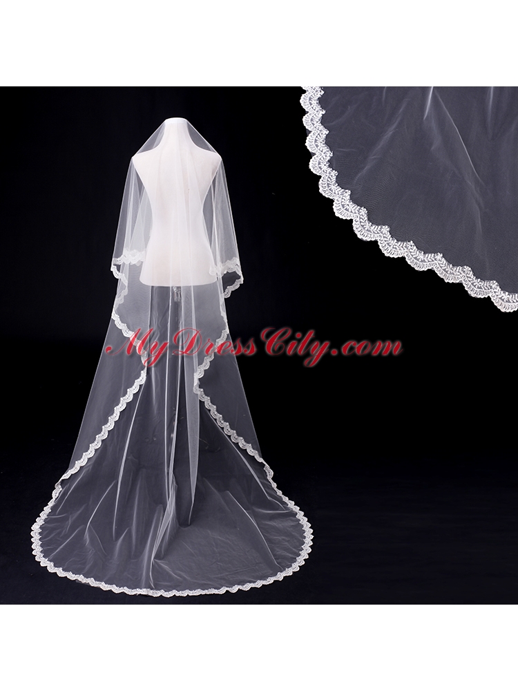 Angle Cut Two-Tier Lace Appliques Edge Chapel Bridal Veils