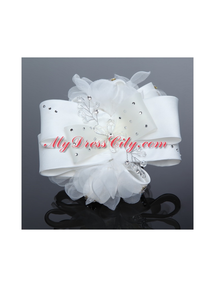 Exculsive White Lilac Satin Hair Flower with Beading