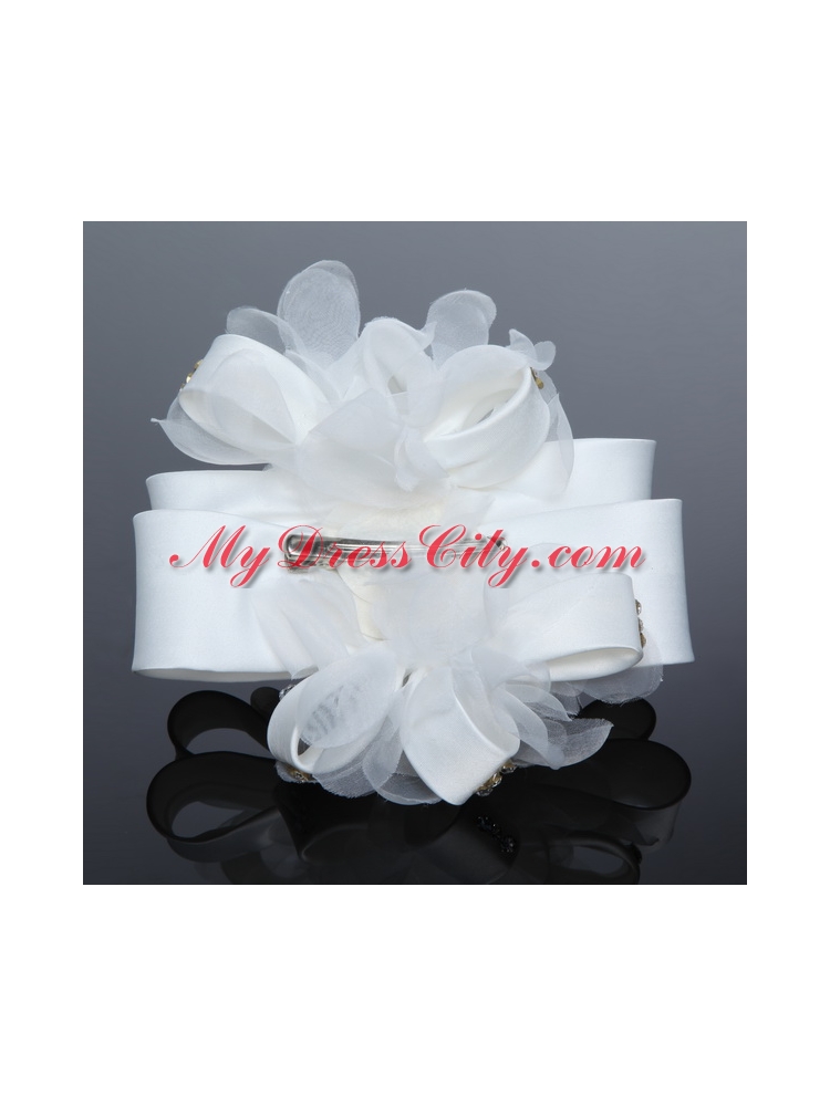 Exculsive White Lilac Satin Hair Flower with Beading