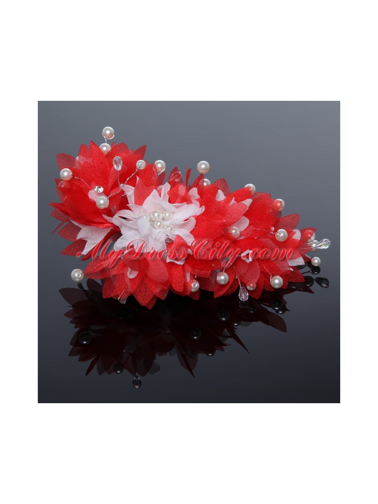 Imitation Pearls Tulle Outdoor Hair Ornament in Red