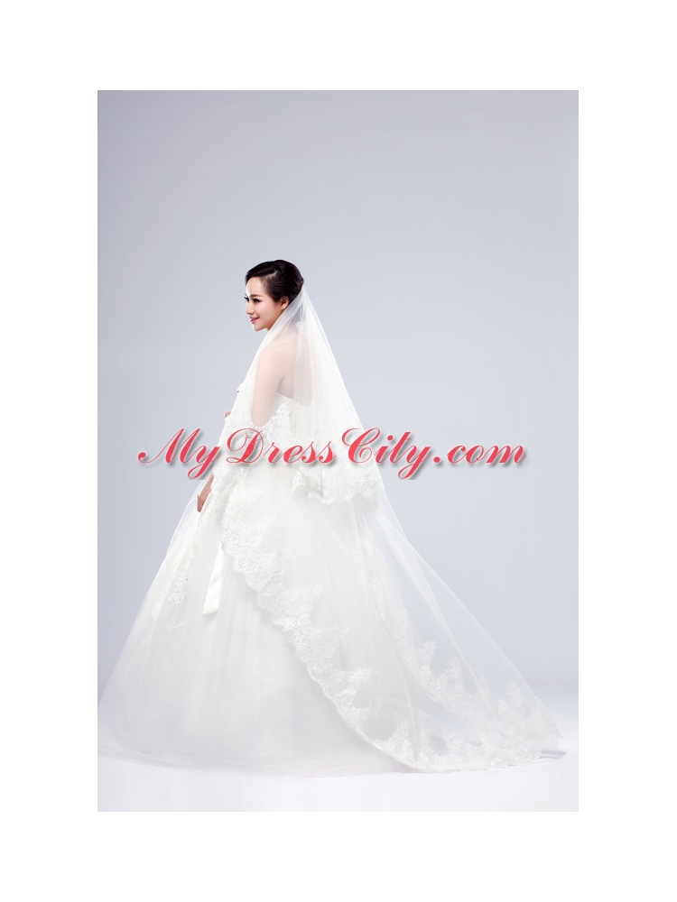 One-Tier Drop Veil Bridal Veils with Lace Appliques Edge