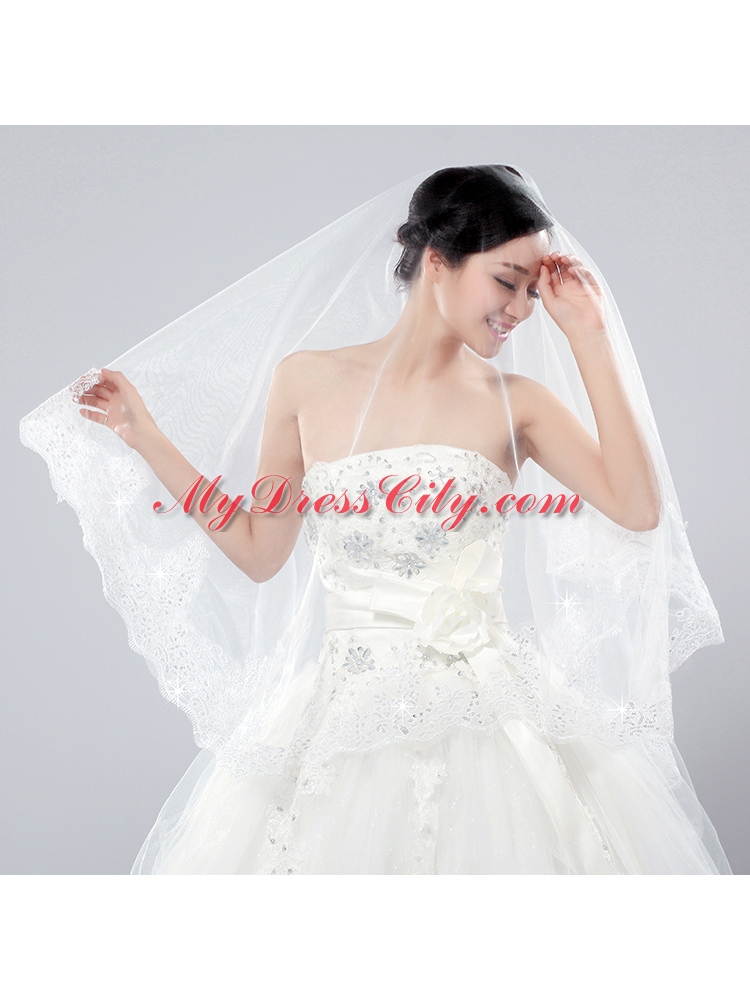 Two-Tier Tulle White Bridal Veils with Lace Edge