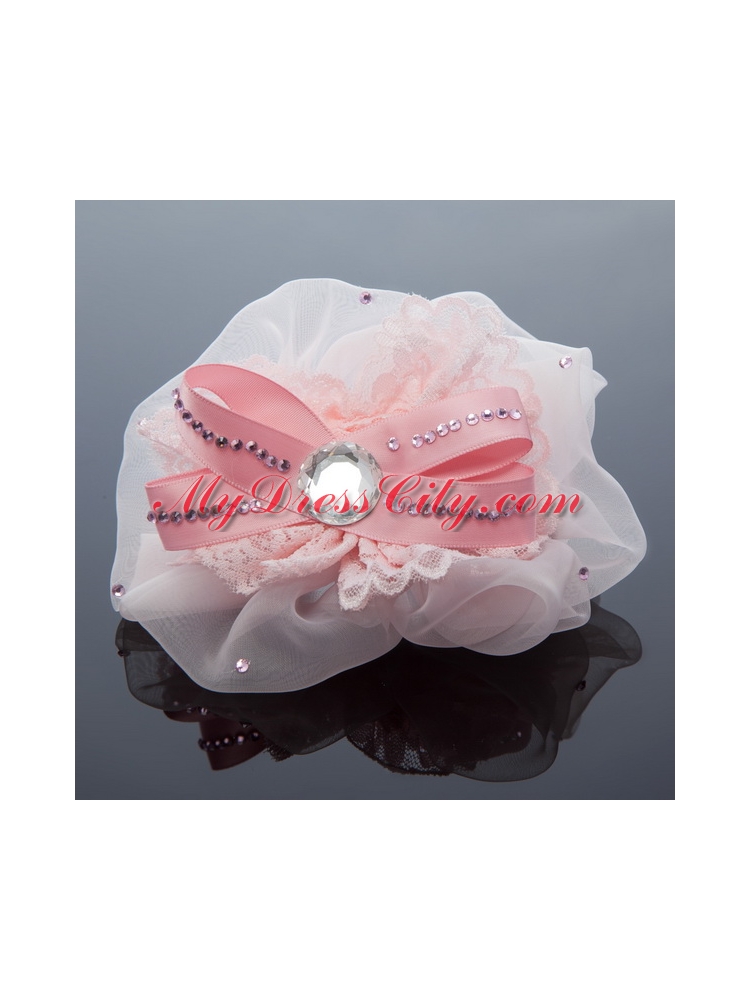 2014 Lace and Tulle Pink Hair Ornament with Rhinestone