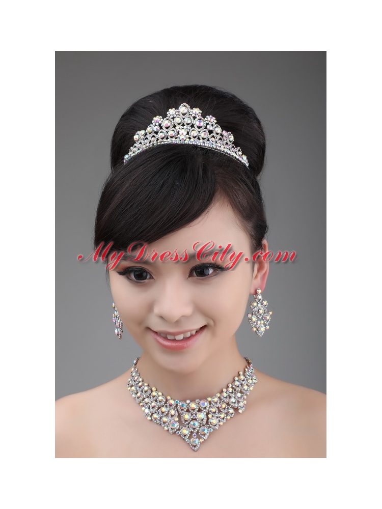 Alloy And Clear Colorful Rhinestone Jewelry Set With Crown Necklace And Earrings