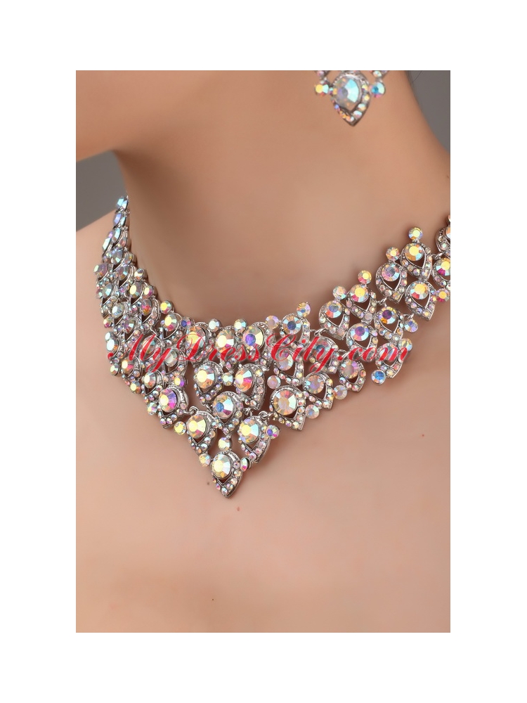 Alloy And Clear Colorful Rhinestone Jewelry Set With Crown Necklace And Earrings