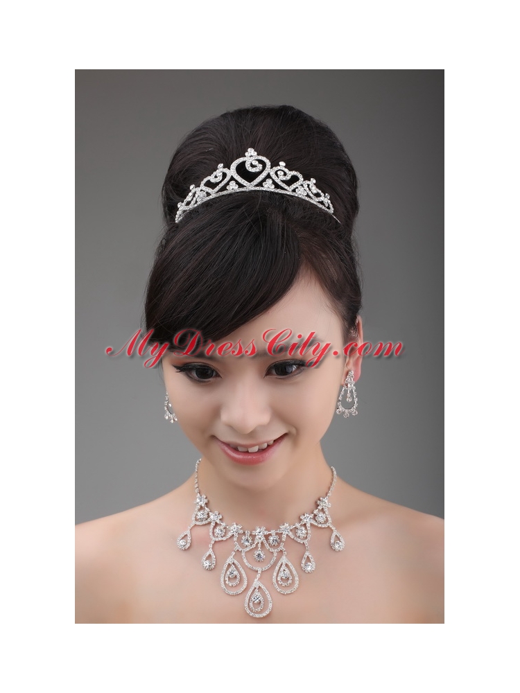 Elegant Rhinestone Wedding Jewelry Set Including Drop Earrings Crown And Necklace