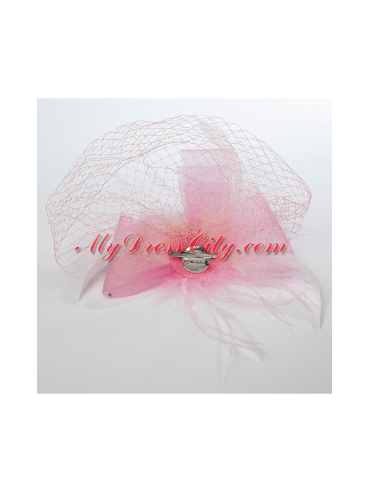 Pretty Pink Feather Tulle Net Yarn Briadl Hat