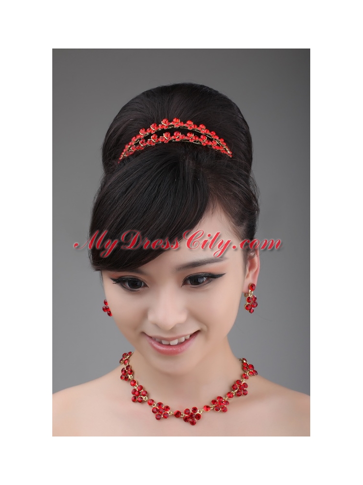 Red Rhinestone Wedding Jewelry Set Including Necklace Crown And Earrings