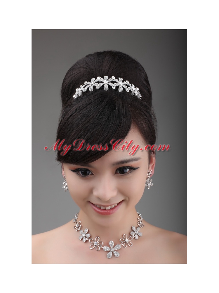 Shining Rhinestone Wedding Jewelry Set Including Crown Necklace And Earrings