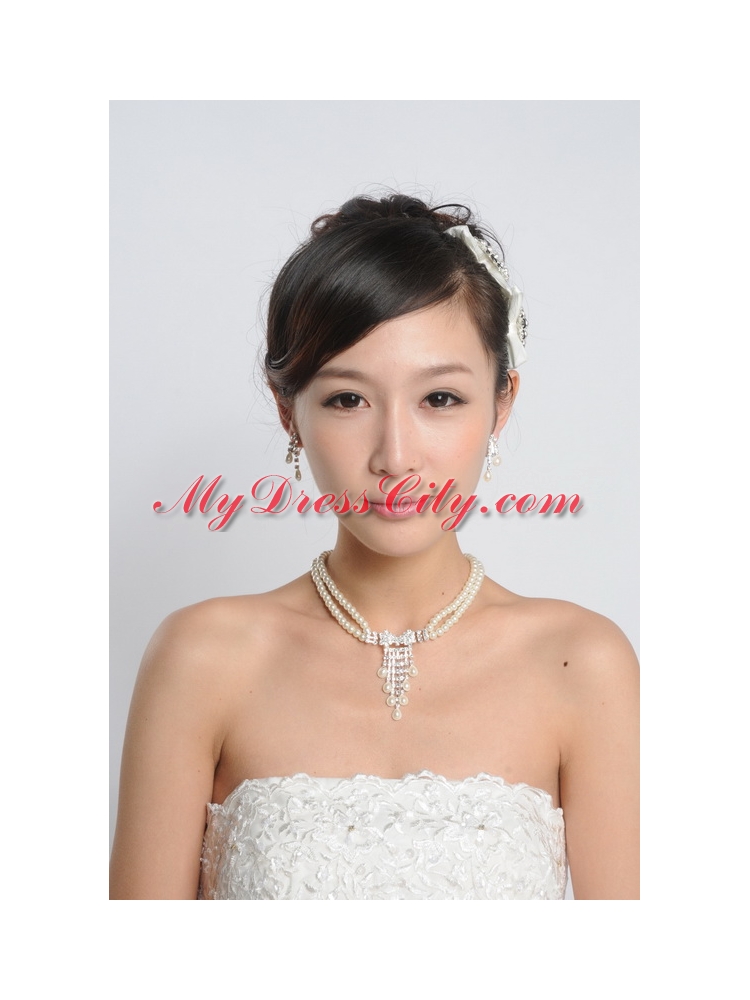 Amazing Alloy With Peals Wedding Jewelry Set Including Necklace Earrings And Headpiece