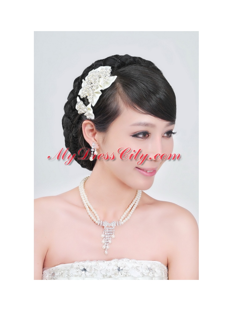 Amazing Alloy With Peals Wedding Jewelry Set Including Necklace Earrings And Headpiece