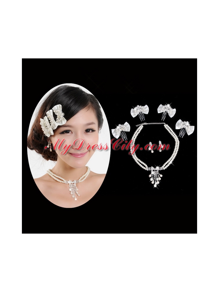 Amazing Alloy With Peals Wedding Jewelry Set Including Necklace Earrings And Headpiece