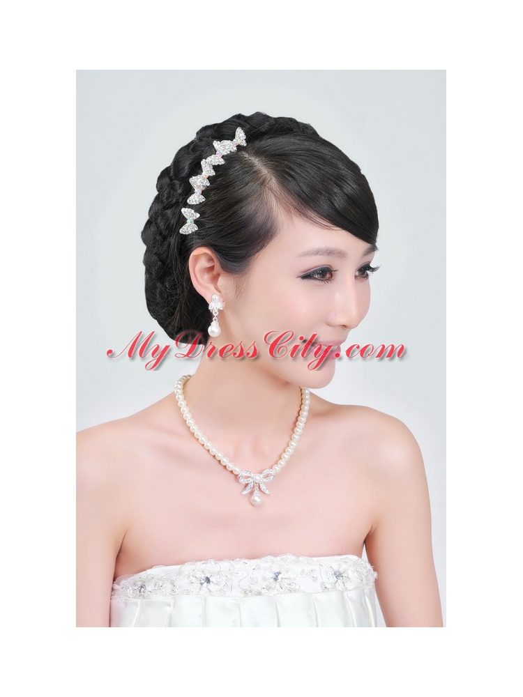 Beautiful Alloy With Peals Wedding Jewelry Set Including Necklace Earrings And Headpiece