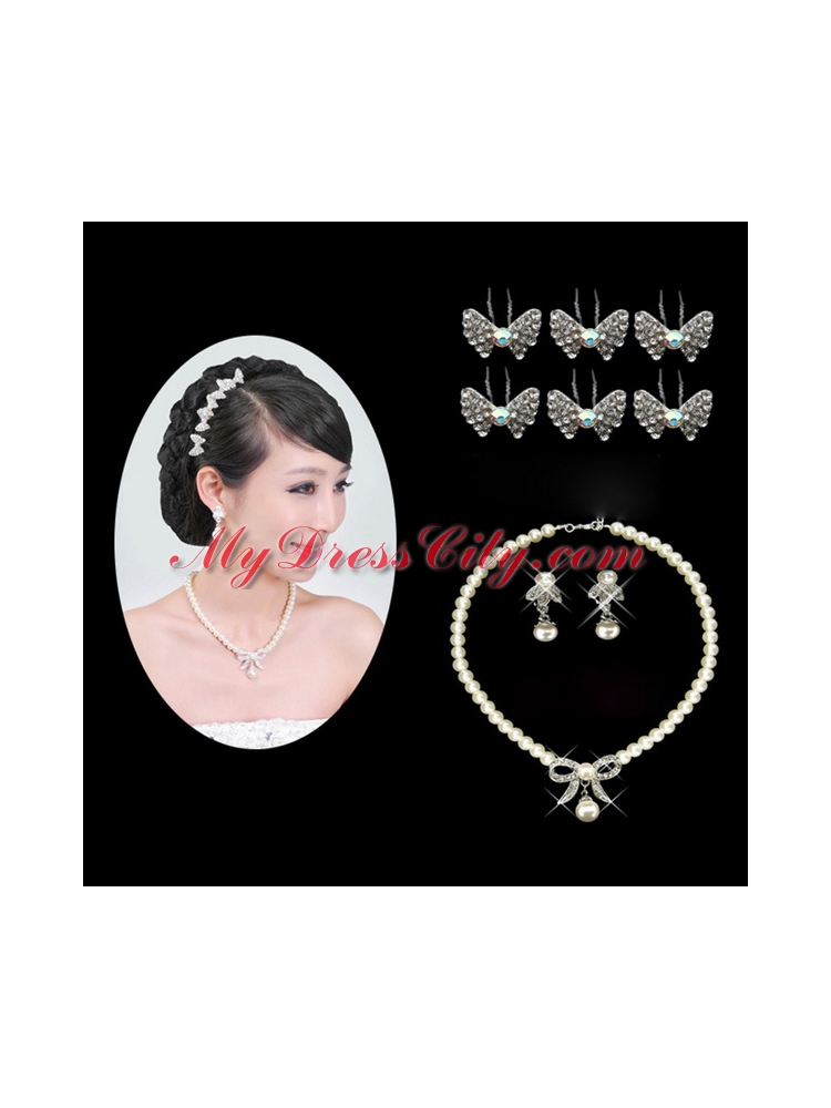 Beautiful Alloy With Peals Wedding Jewelry Set Including Necklace Earrings And Headpiece