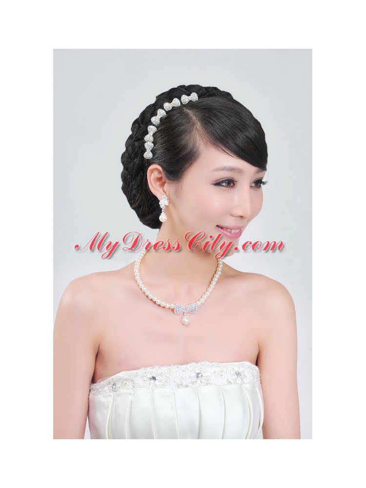 Beautiful Alloy With Pearls Wedding Jewelry Set Including Necklace Earrings And Headpiece