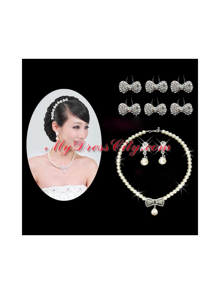 Beautiful Alloy With Pearls Wedding Jewelry Set Including Necklace Earrings And Headpiece