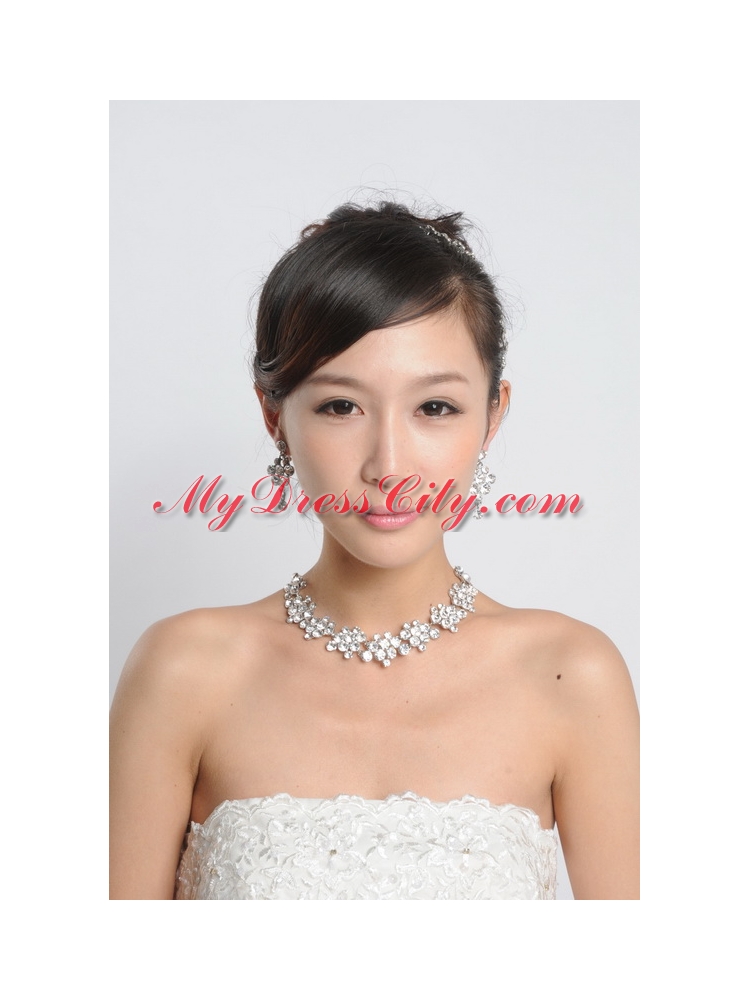 Beautiful Alloy With Rhinestone Anniversary Jewelry Set Including Necklace Earrings And Jewelry Comb