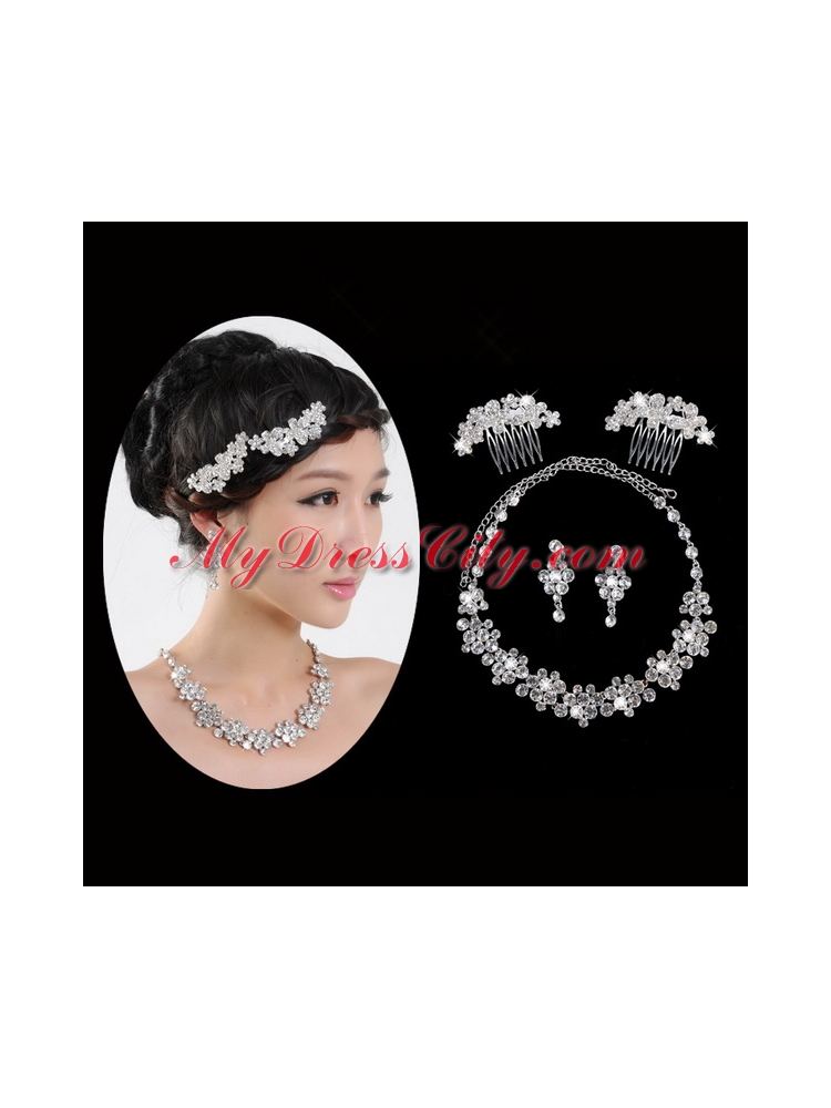 Beautiful Alloy With Rhinestone Anniversary Jewelry Set Including Necklace Earrings And Jewelry Comb