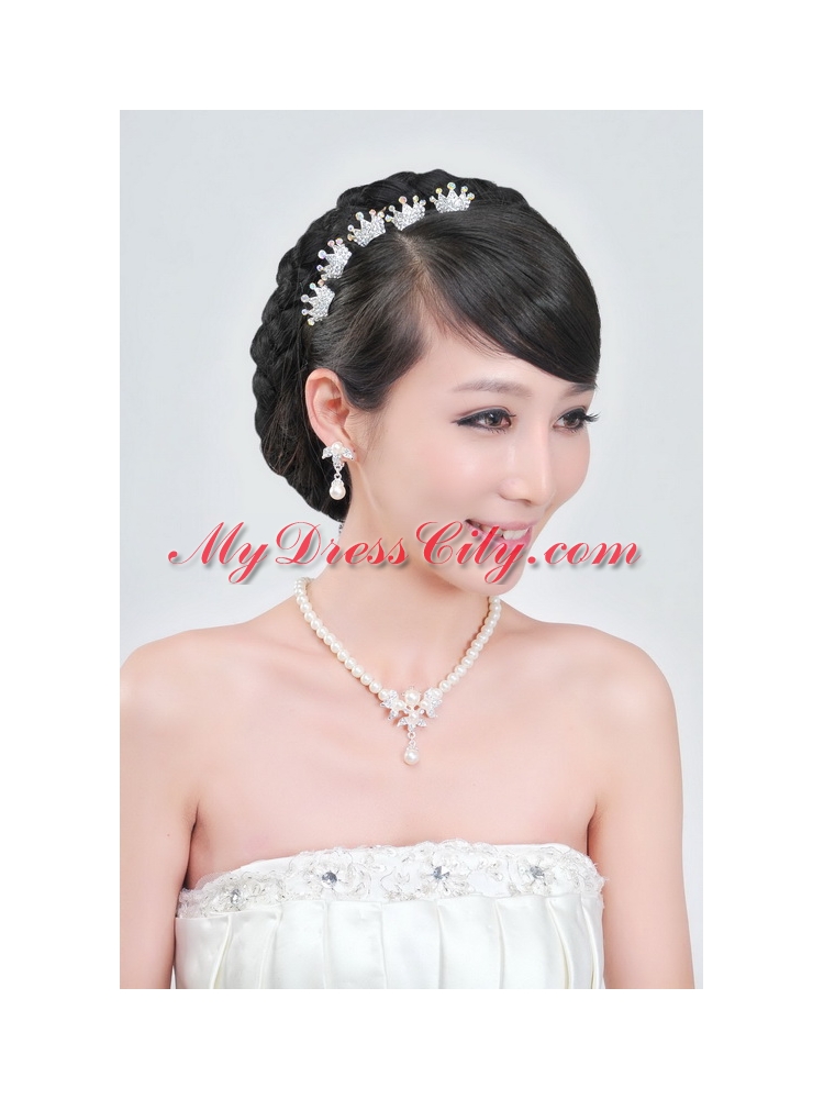 Elegant Alloy With Pearl Wedding Jewelry Set Including Necklace Earrings And Headpiece