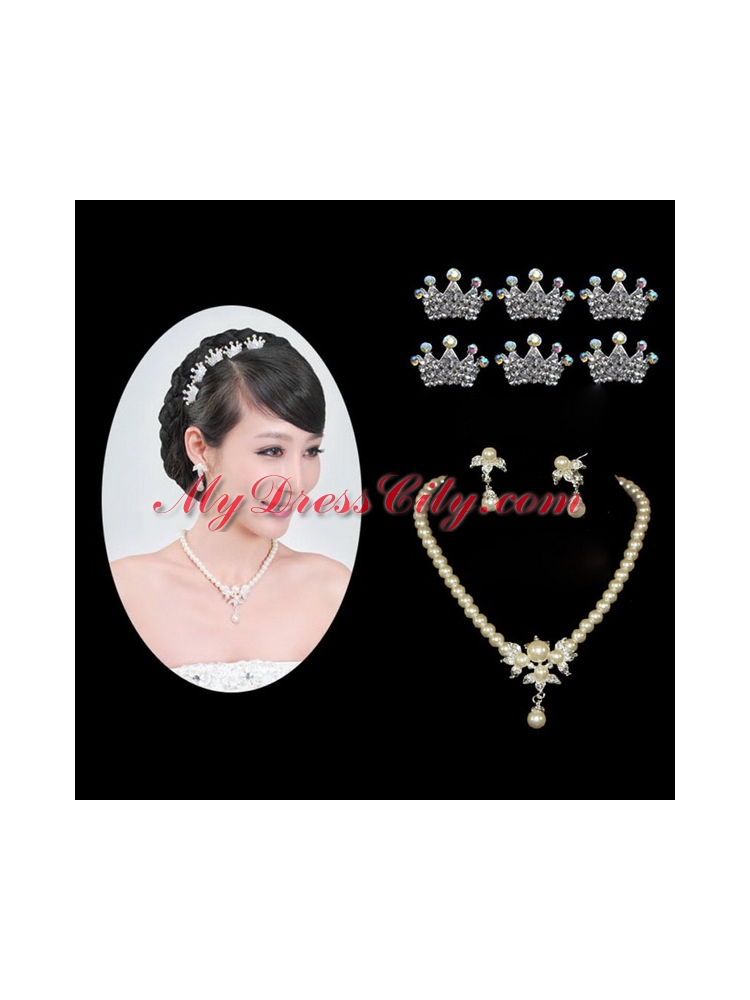 Elegant Alloy With Pearl Wedding Jewelry Set Including Necklace Earrings And Headpiece