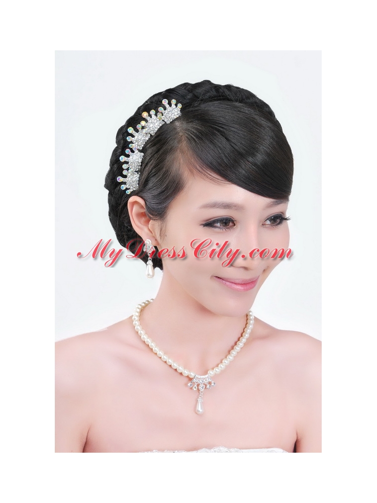 Gorgeous Alloy with Pearls Wedding Jewelry Set Including Necklace Earrings and Tiaras