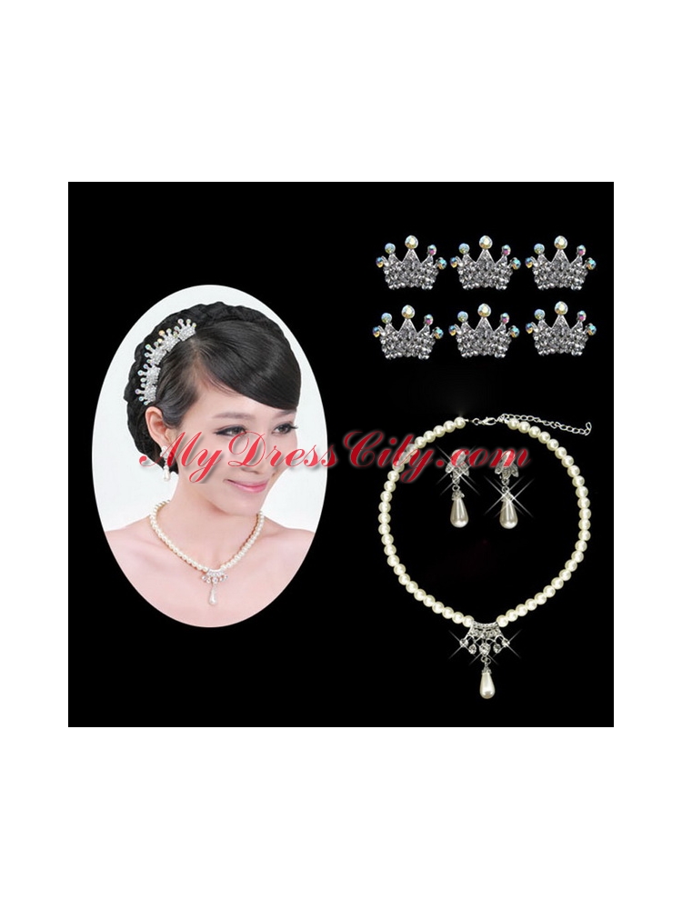 Gorgeous Alloy with Pearls Wedding Jewelry Set Including Necklace Earrings and Tiaras